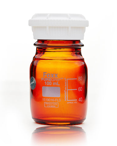PUREGRIP® Bottles - Reagent - Amber Graduated with GL45 Screw Cap and Pouring Ring - 100mL - 10/case