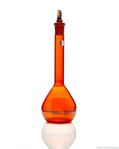 Amber Volumetric Flask, Wide Neck, With Glass I/C Stopper, Class A, Ind Cert 250mL