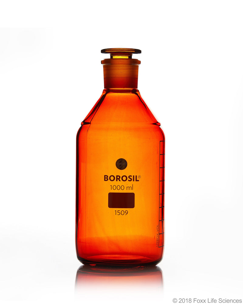 Borosil Amber Borosilicate Glass Reagent Bottles with Stoppers - LabShopNow.com