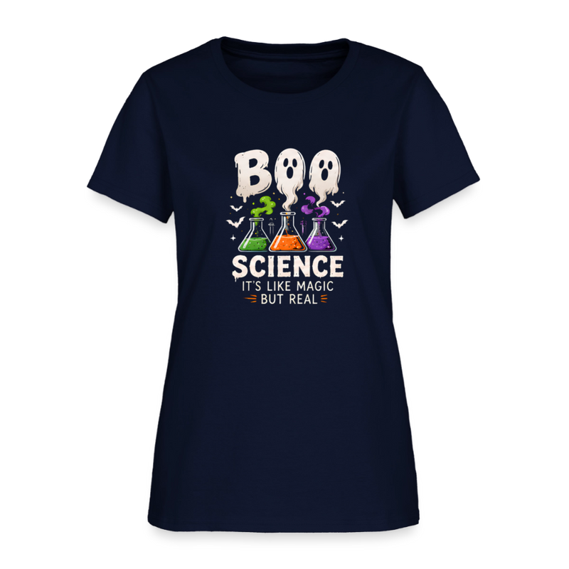 BOO Science Its like Magic but Real Halloween Women's T-Shirt - navy