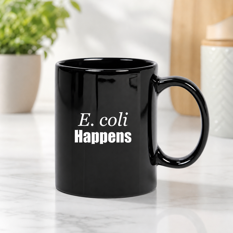 "E. coli Happens" - Black Mug