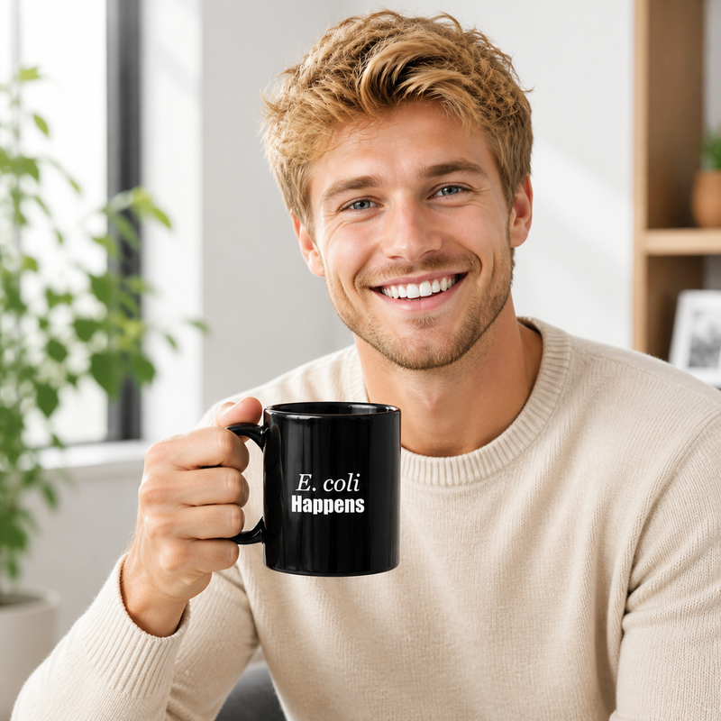 "E. coli Happens" - Black Mug