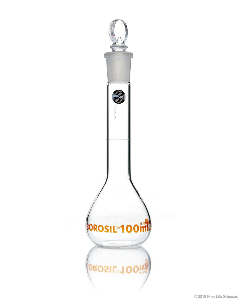 Volumetric Flask, Wide Neck, With Glass I/C Stopper, Class A, Ind Cert 100 mL