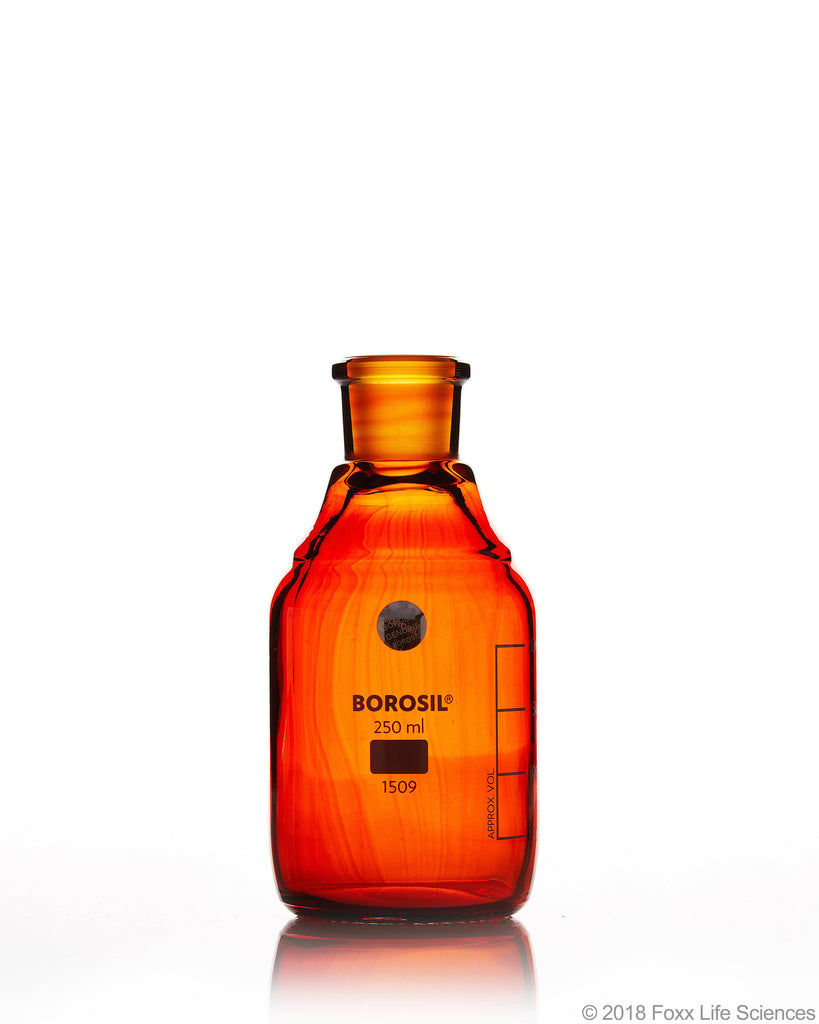 Borosil® Bottles, Reagent, Amber, with Stoppers, 100mL, 14/23, CS/10