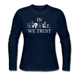 "In Science We Trust" (white) - Women's Long Sleeve T-Shirt navy / S - LabRatGifts - 3