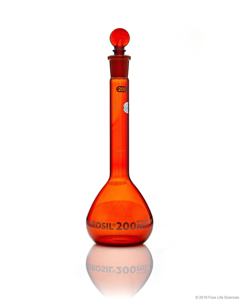 Amber Volumetric Flask, Wide Neck, With Glass I/C Stopper, Class A with Batch certificate, 200mL