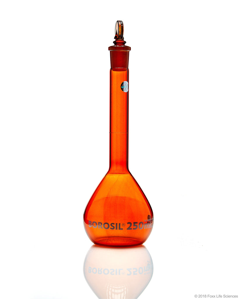 Amber Volumetric Flask, Wide Neck, With Glass I/C Stopper, Class A, Ind Cert 250mL