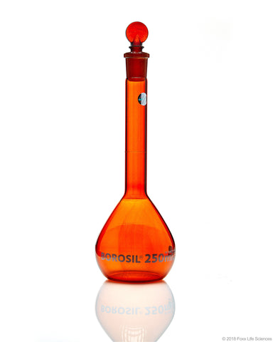 Amber Volumetric Flask, Wide Neck, With Glass I/C Stopper, Class A with Batch certificate, 250mL