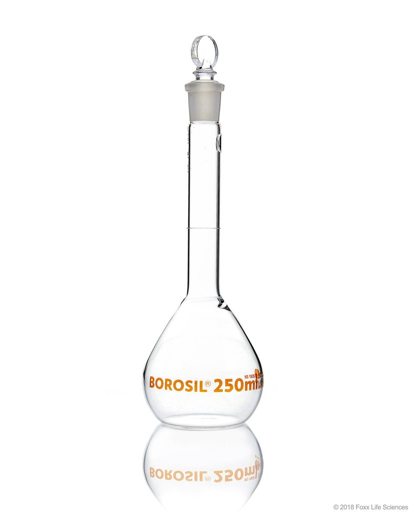 Volumetric Flask, Wide Neck, With Glass I/C Stopper, Class A, Ind Cert 250 mL