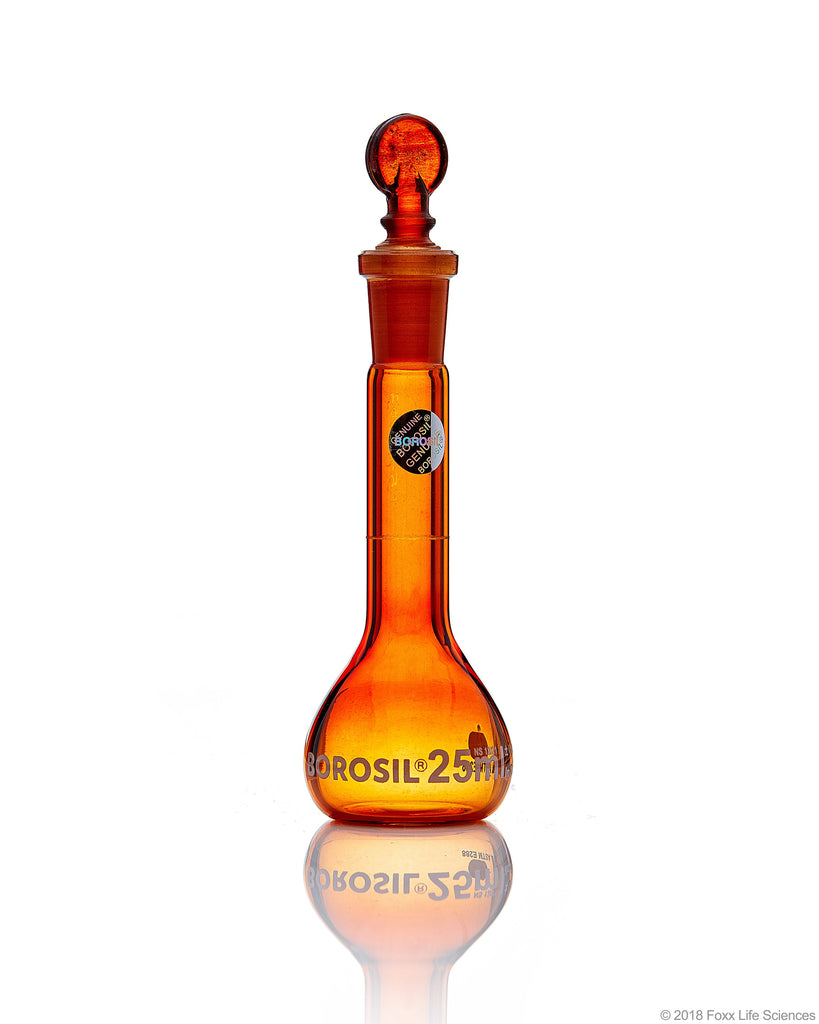 Amber Volumetric Flask, Wide Neck, With Glass I/C Stopper, Class A, Ind Cert 25mL, 5/CS