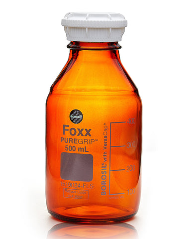 PUREGRIP®  Bottles - Reagent - Amber Graduated with GL45 Screw Cap and Pouring Ring - 500mL - 10/case