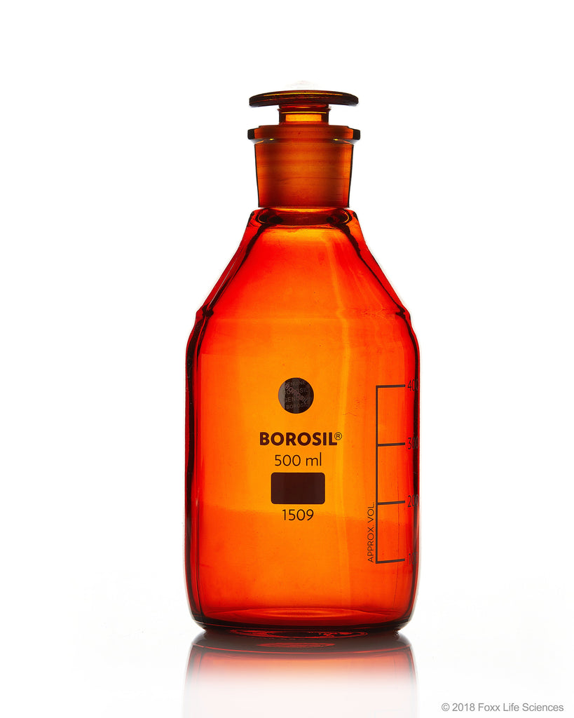 Borosil® Amber Reagent Bottles - Plain - Narrow Mouth - Graduated 500 mL - 24/29 CS/10