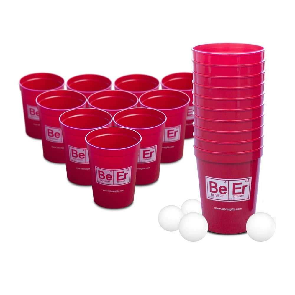 Beer Pong Red Plastic Cups And Ping Pong Ball Isolated On White